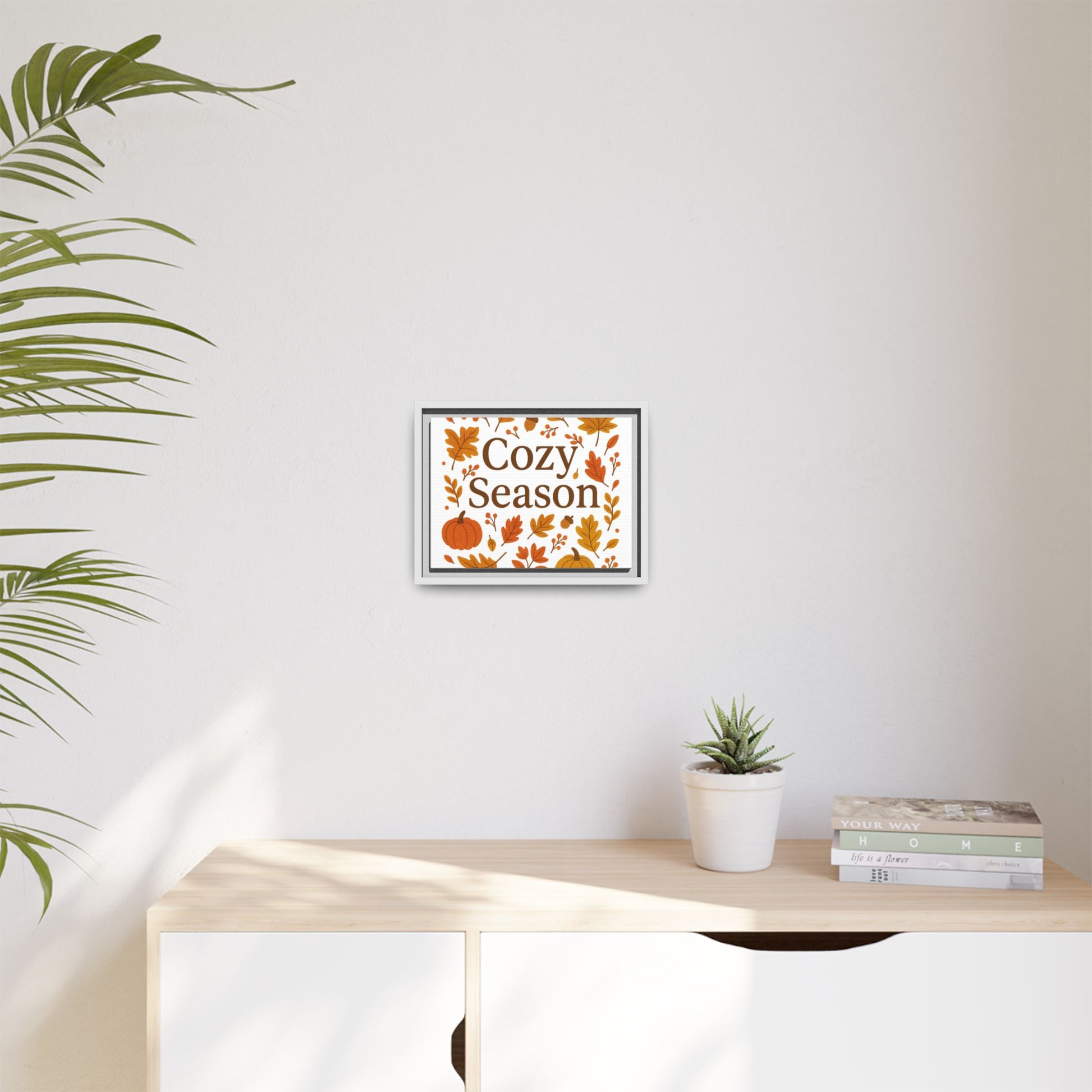 Framed Autumn Wall Art with Elegant Serif & Leaf Motifs – Cozy Season Typography Quote Print