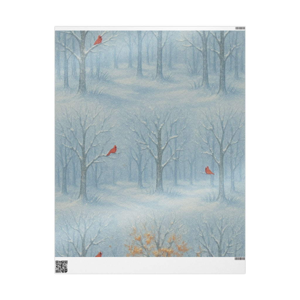 Wrapping paper with a snowy forest and red cardinals design, predominantly in blue tones.