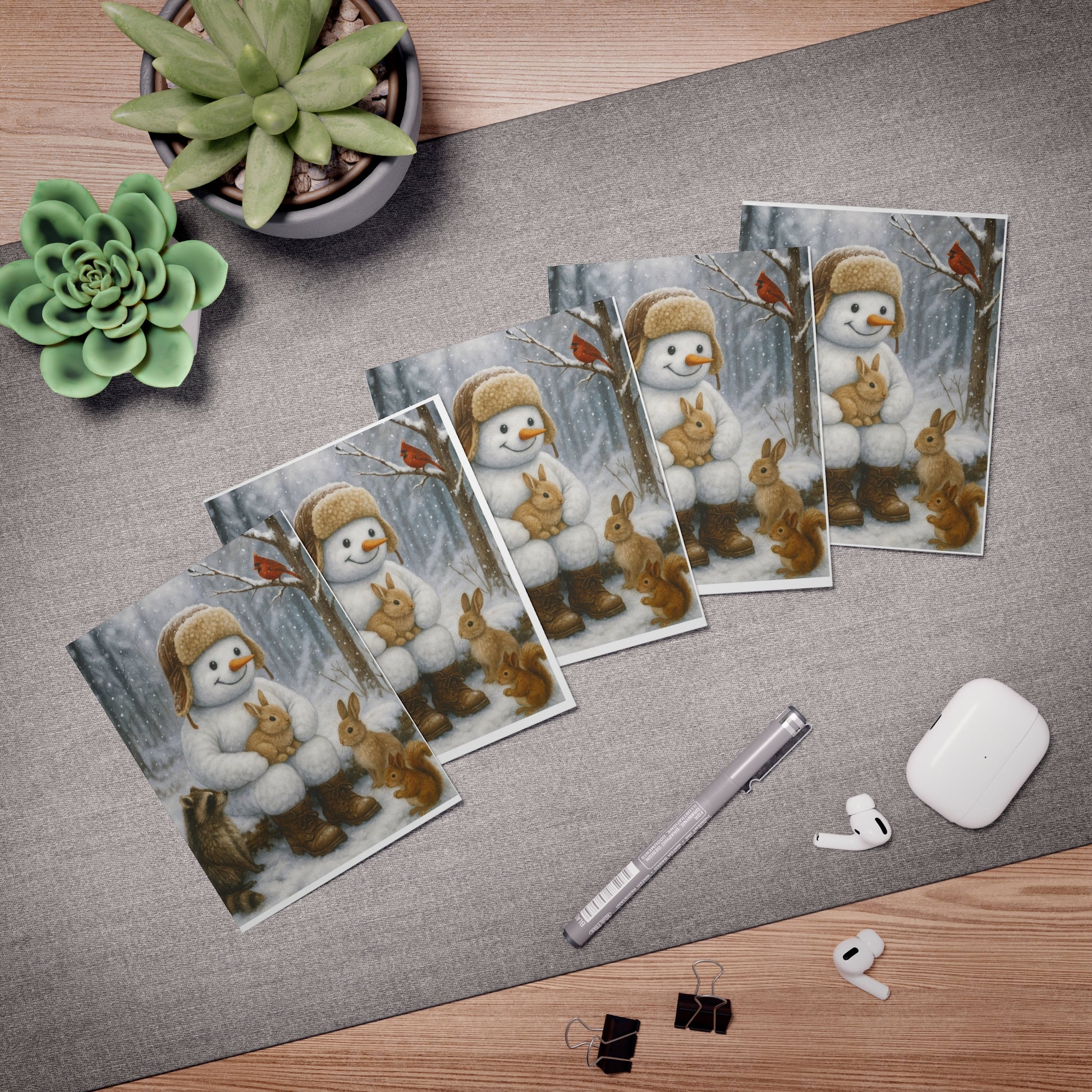 Snowman & Woodland Friends Greeting Cards (5-Pack) - Jolly Snowfolk Winter Village Snowman Greeting Card – Cozy Christmas Card 4.25×5.5 by Paper Pleasures – Illustrated by Trailside Designs