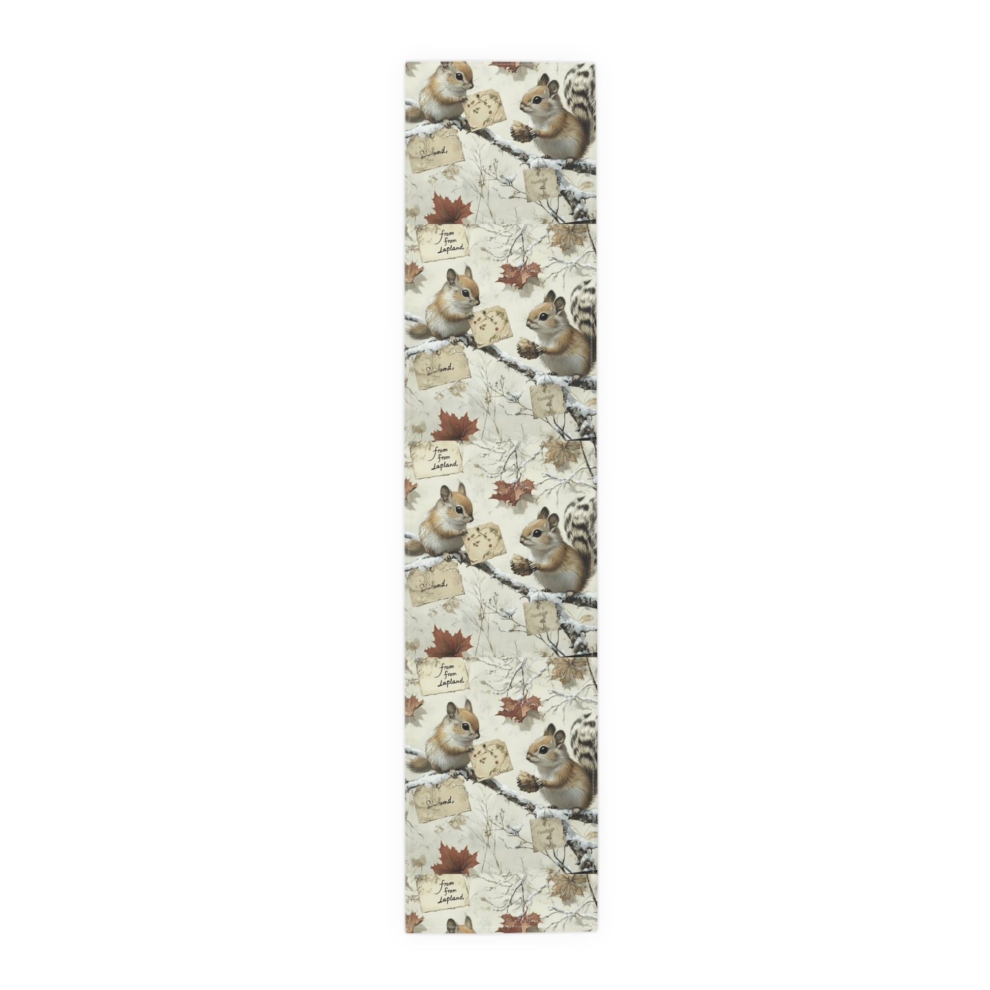 Patterned paper with illustrations of squirrels and autumn leaves on a white background