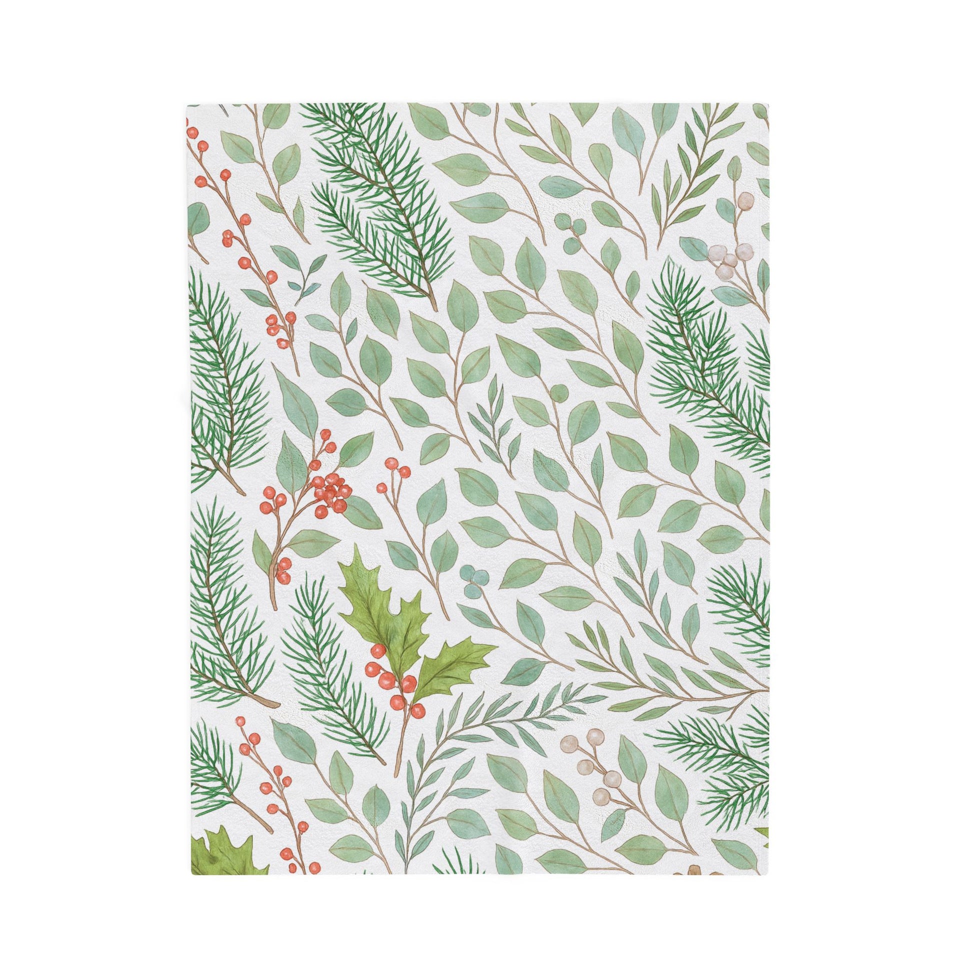 Whispers of Winter Botanical Blanket – Cozy Watercolor Evergreen and Holly Velveteen Throw – Ana