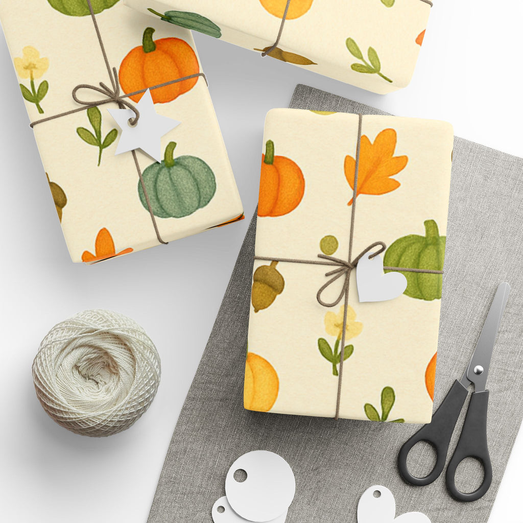 Fall Pumpkin Wrapping Paper – Miniature Pumpkins, Acorns & Leaves Gift Wrap