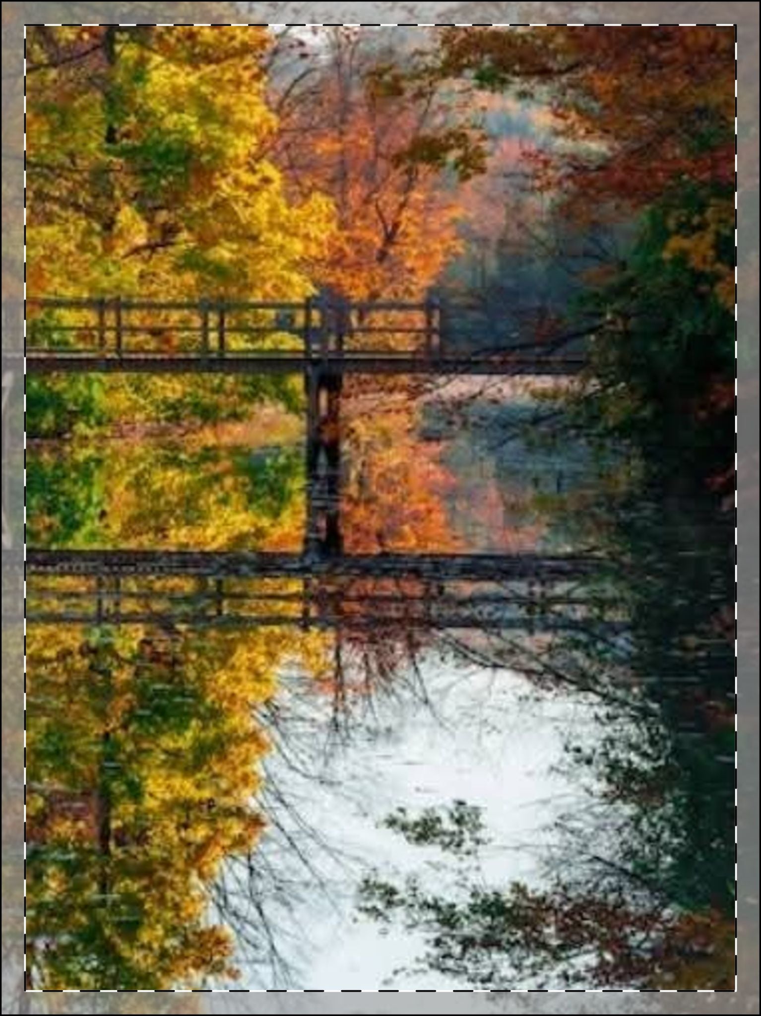 Autumn Bridge Reflection Poster – Tranquil Fall Landscape Wall Art