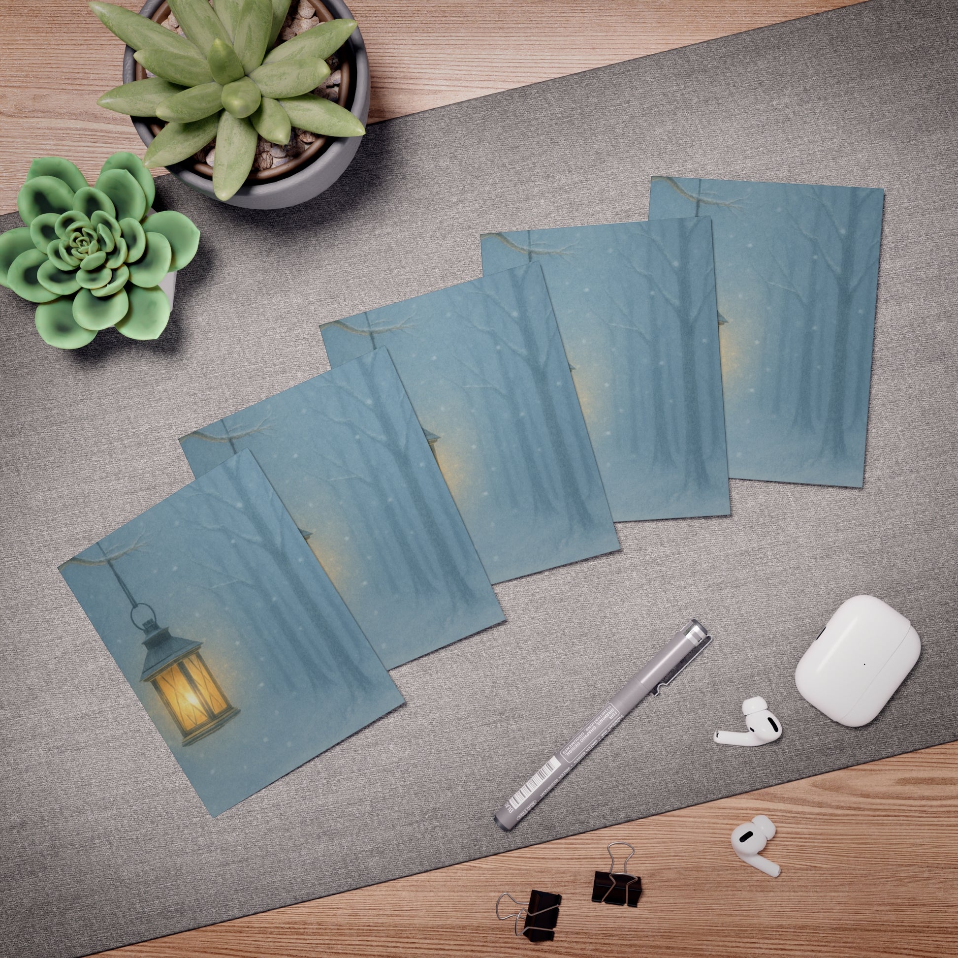 Winter’s Hush Lantern Note Cards – Snowy Woodland Glow Holiday Stationery Set -  - 5-Pack with Lantern Designs