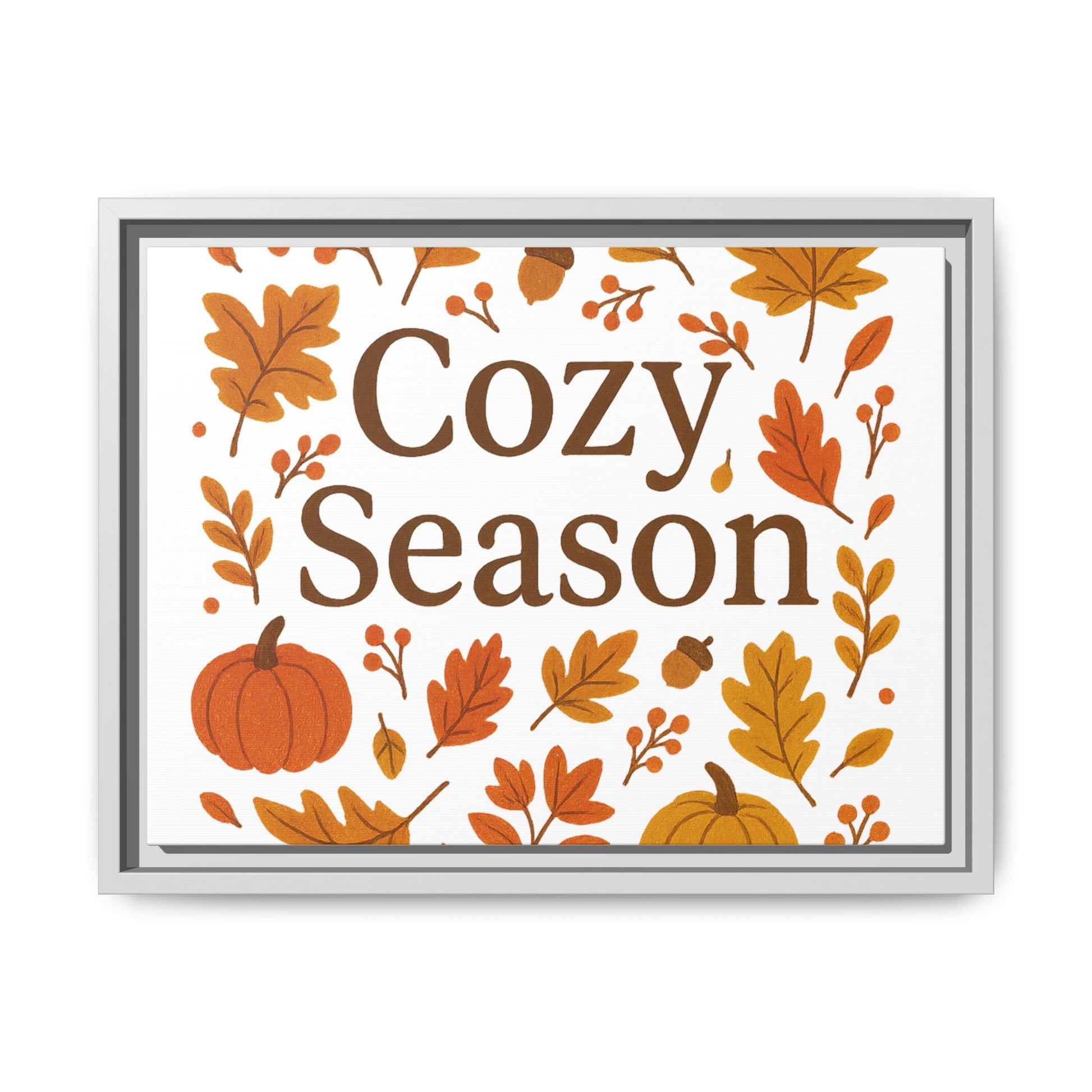 Framed Autumn Wall Art with Elegant Serif & Leaf Motifs – Cozy Season Typography Quote Print