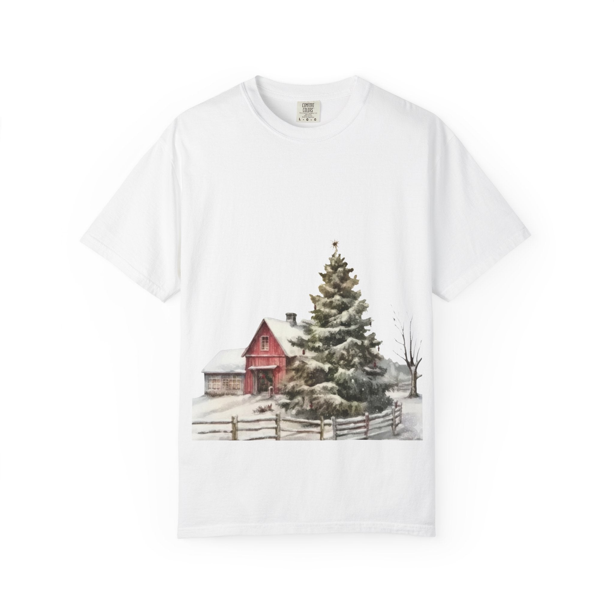Whispers of Winter – Christmas Barn T-Shirt SHORT SLEEVE | Rustic Holiday Scene by Paper Pleasures