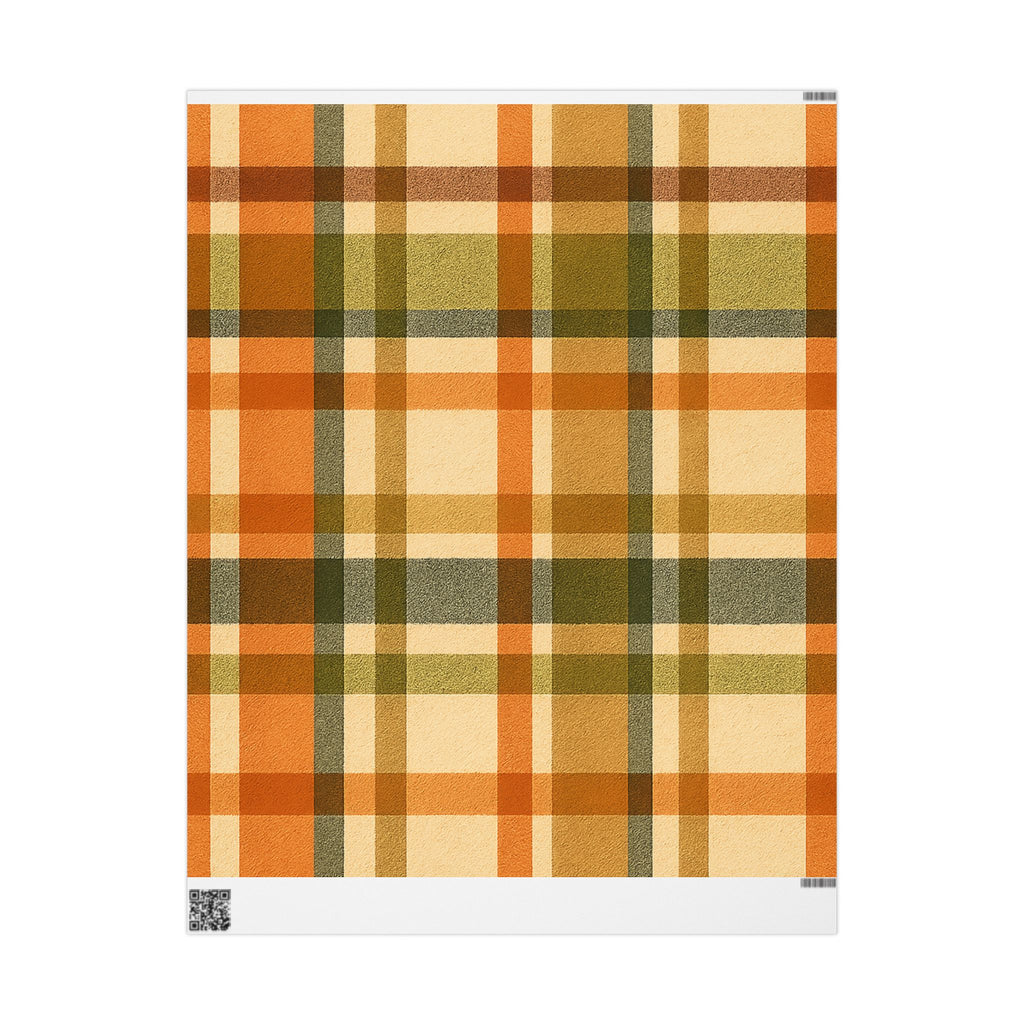 Plaid patterned wrapping paper with autumn colors on a white background