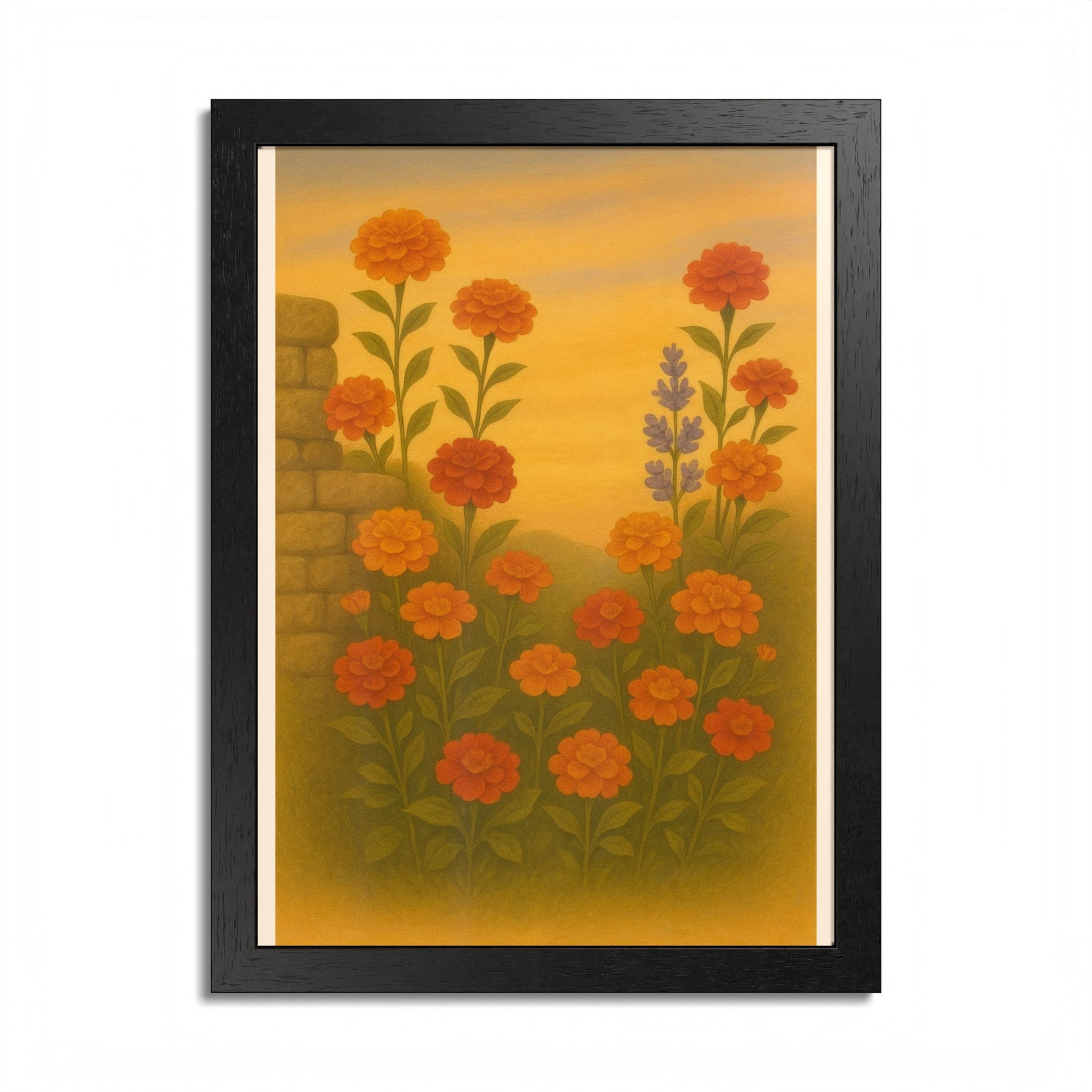 Golden Marigold Garden Framed Sunset Floral Wall Decor