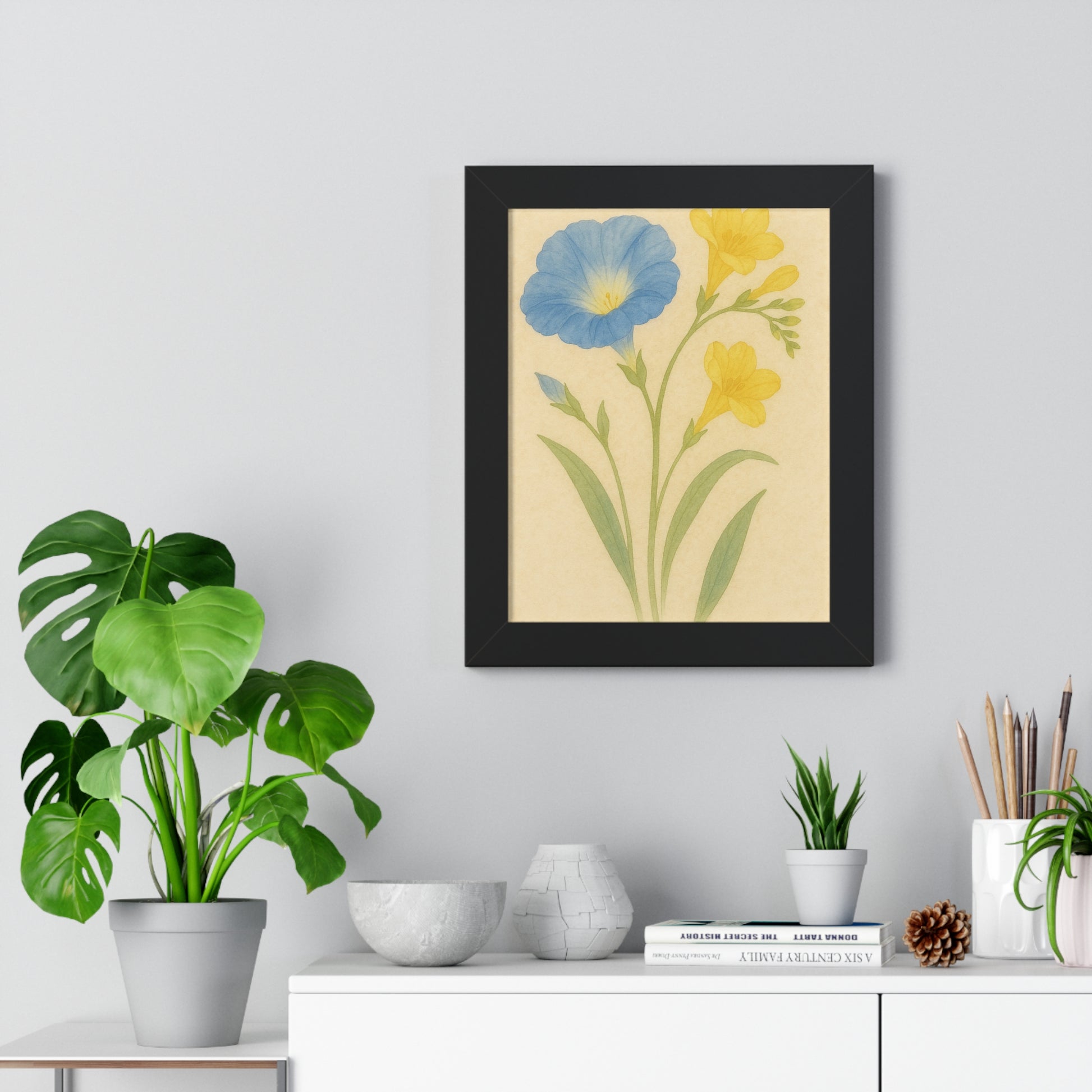 "Morning Glories &amp; Yellow Lilies" – Framed Botanical Watercolor Print, Exclusive Botanical Series