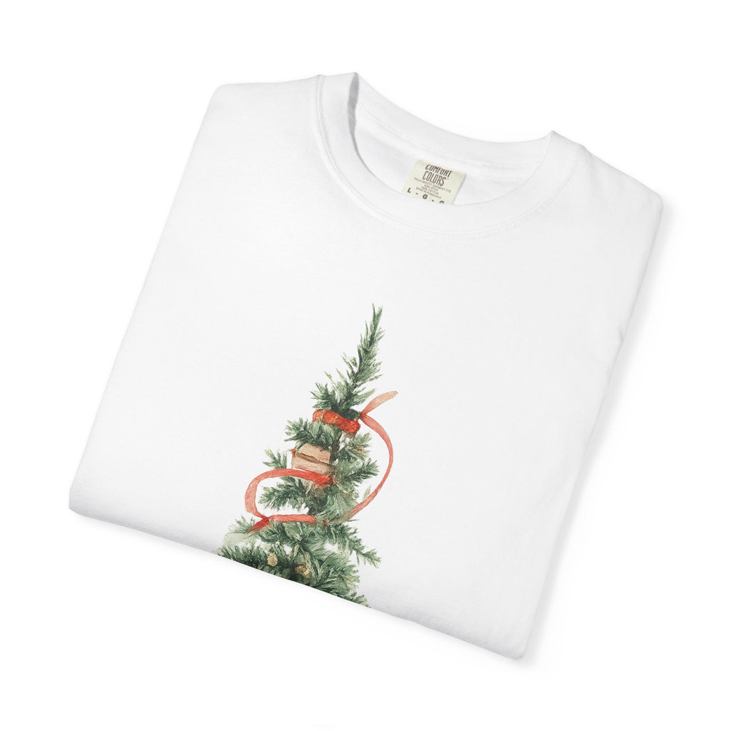 T-Shirt — "Merry Reading" Christmas Tree Stack of Books Holiday Tee