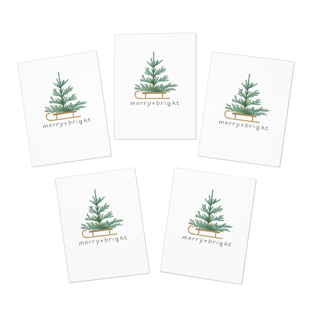 Merry & Bright Christmas Cards — 5-Pack Holiday Greeting Cards with Evergreen Tree Design