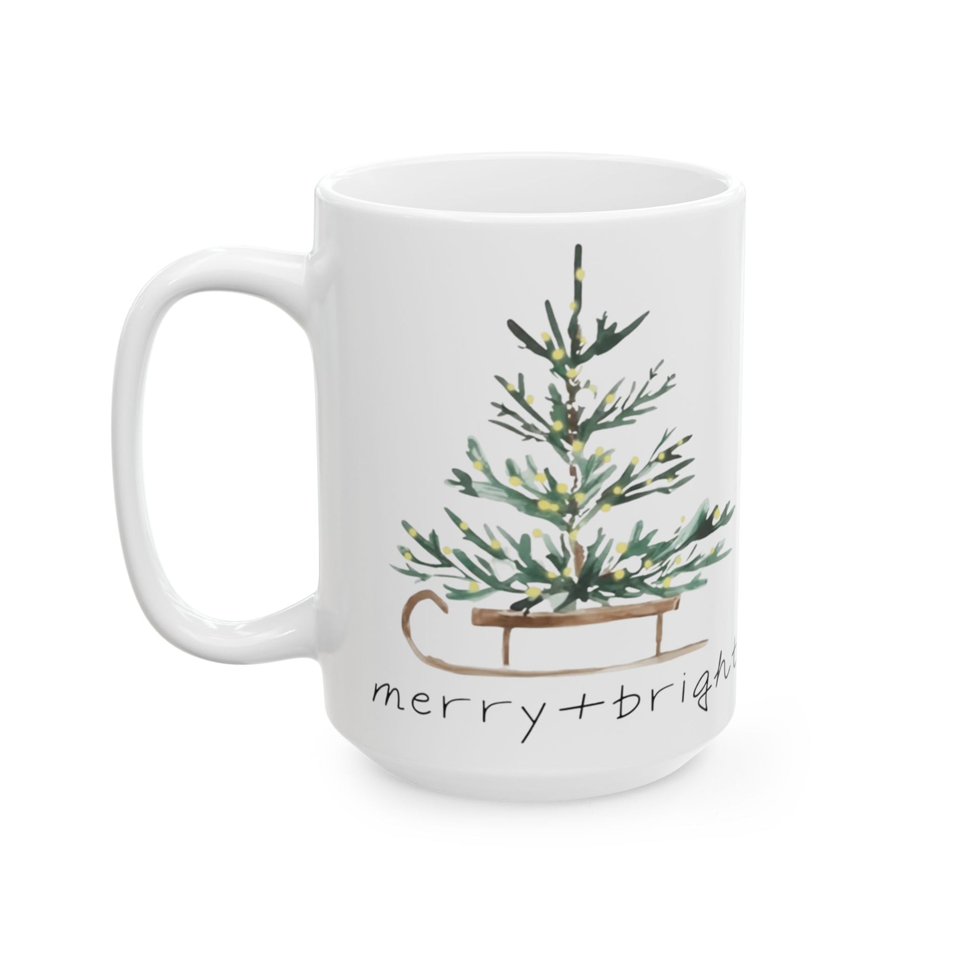 Whispers of Winter – Merry + Bright Christmas Tree Mug | Elegant Holiday Drinkware by Paper Pleasures