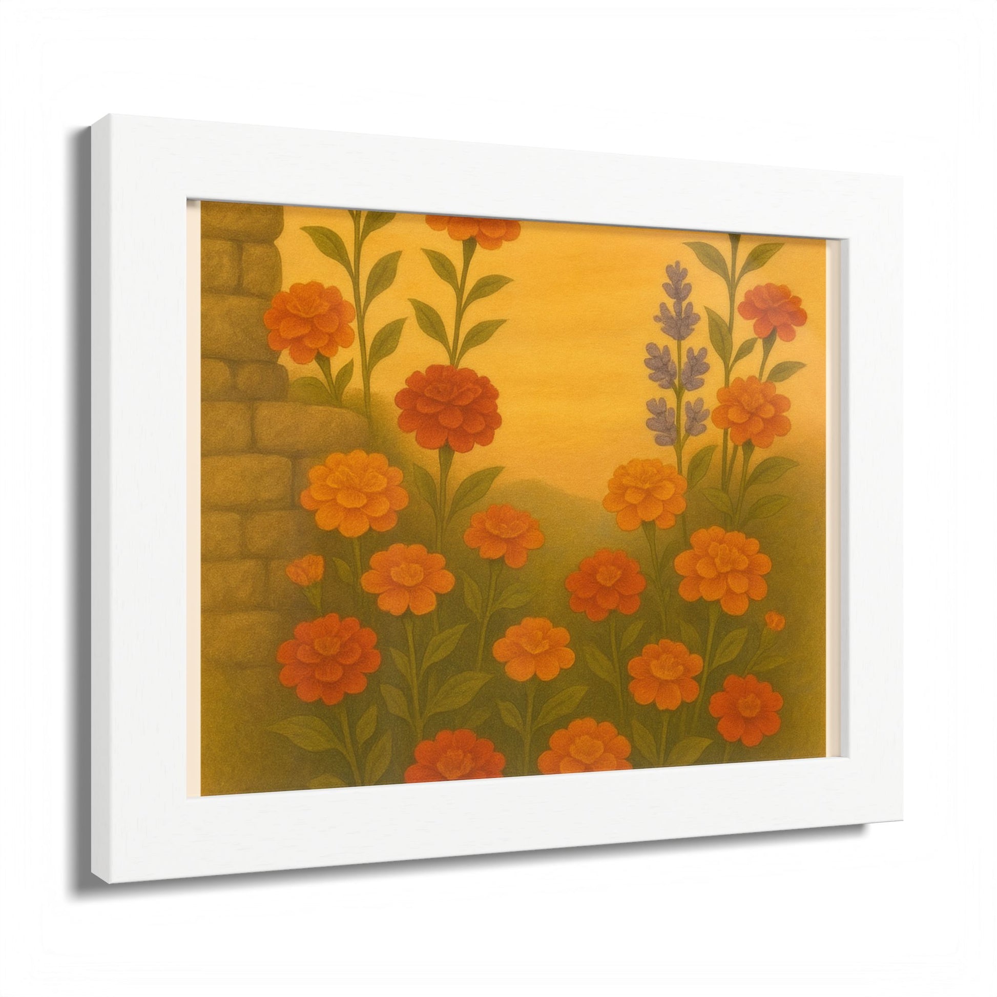Golden Marigold Garden Framed Sunset Floral Wall Decor