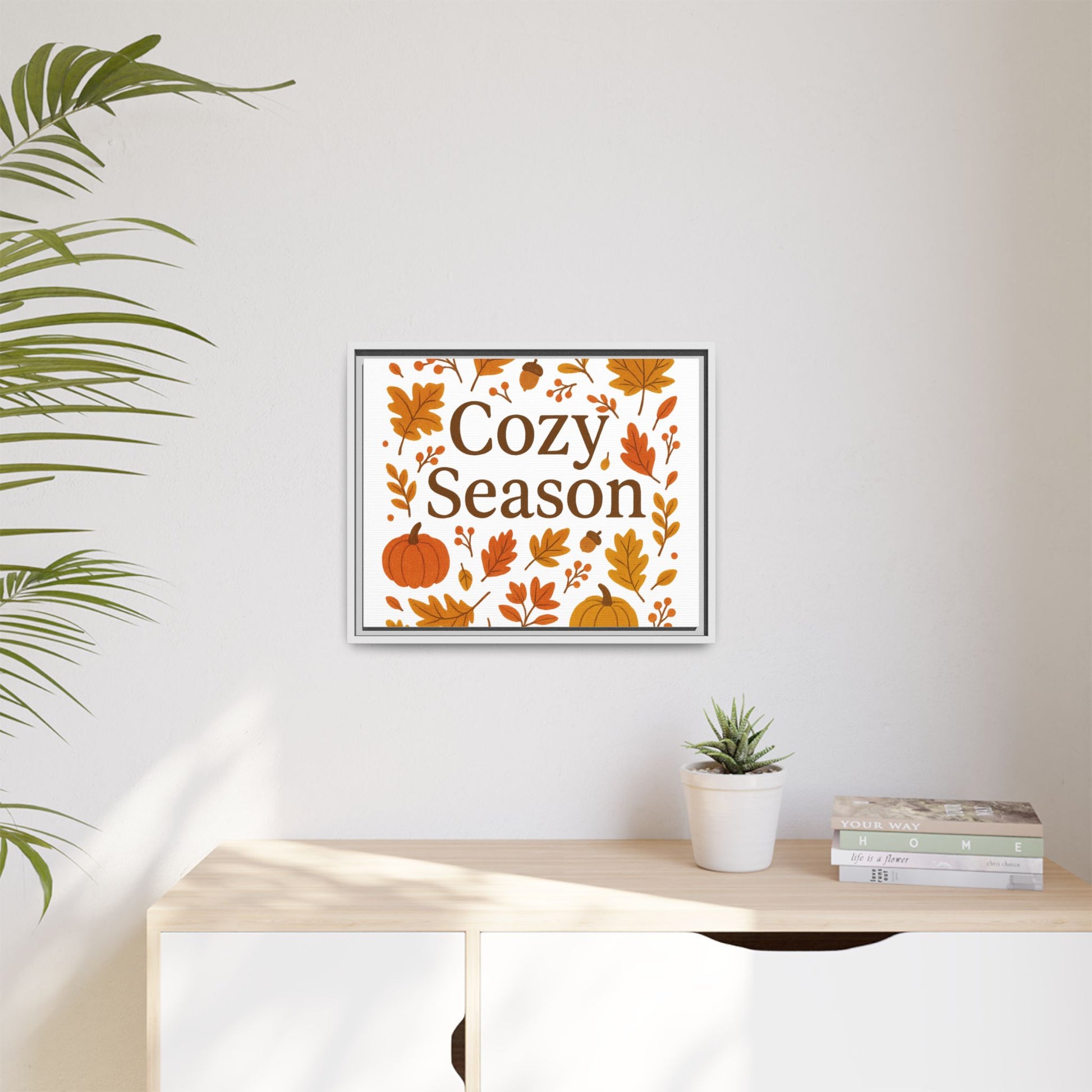 Framed Autumn Wall Art with Elegant Serif & Leaf Motifs – Cozy Season Typography Quote Print