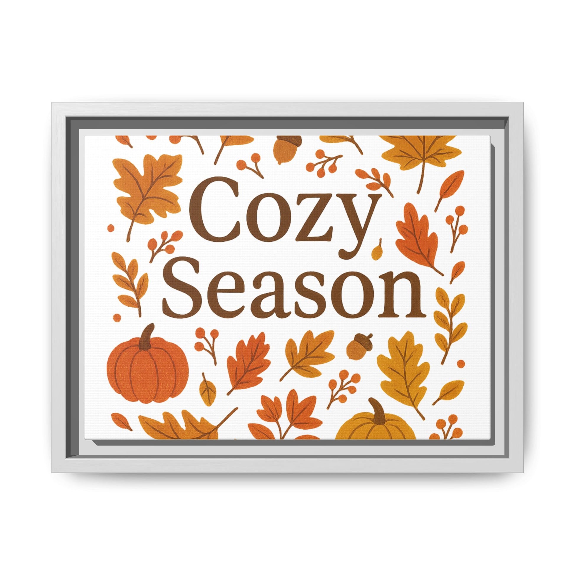 Framed Autumn Wall Art with Elegant Serif & Leaf Motifs – Cozy Season Typography Quote Print