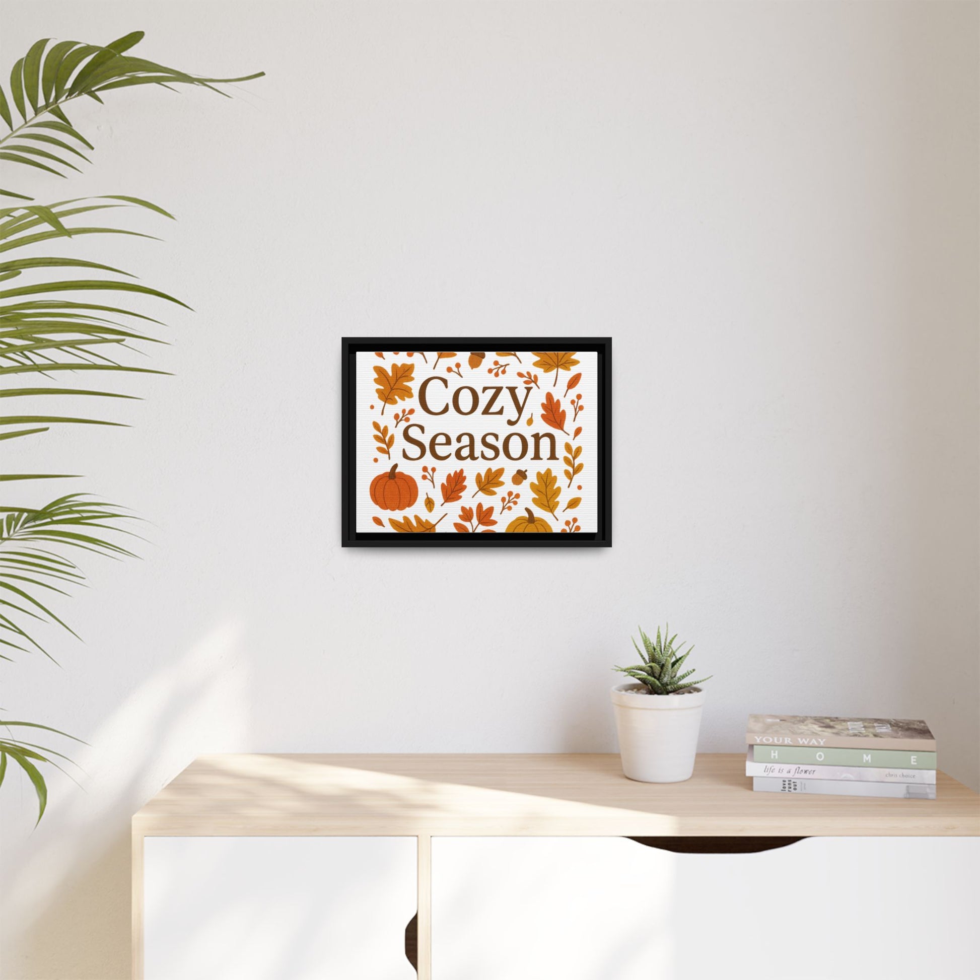 Framed Autumn Wall Art with Elegant Serif & Leaf Motifs – Cozy Season Typography Quote Print