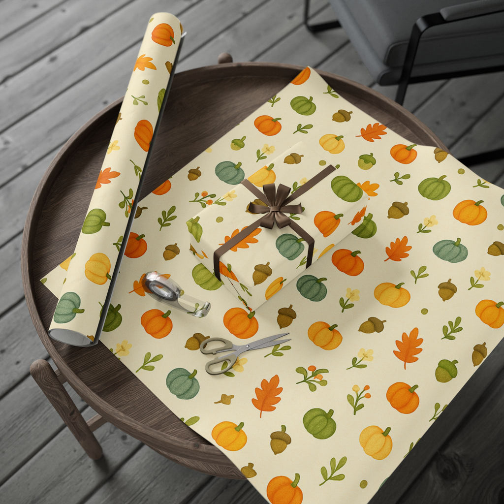 Fall Pumpkin Wrapping Paper – Miniature Pumpkins, Acorns & Leaves Gift Wrap