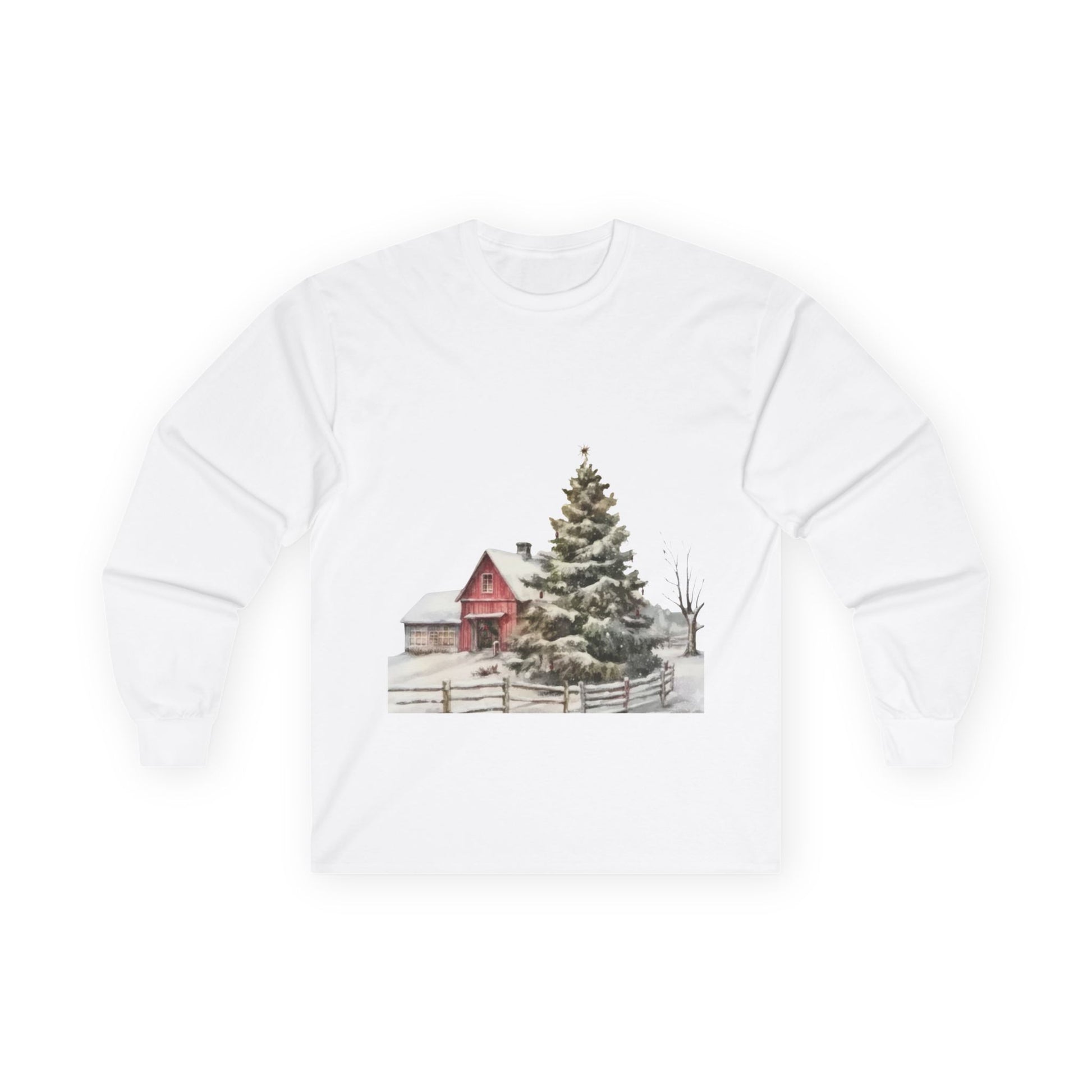 White sweatshirt with a Christmas-themed design featuring a red cabin and snow-covered tree on a white background.