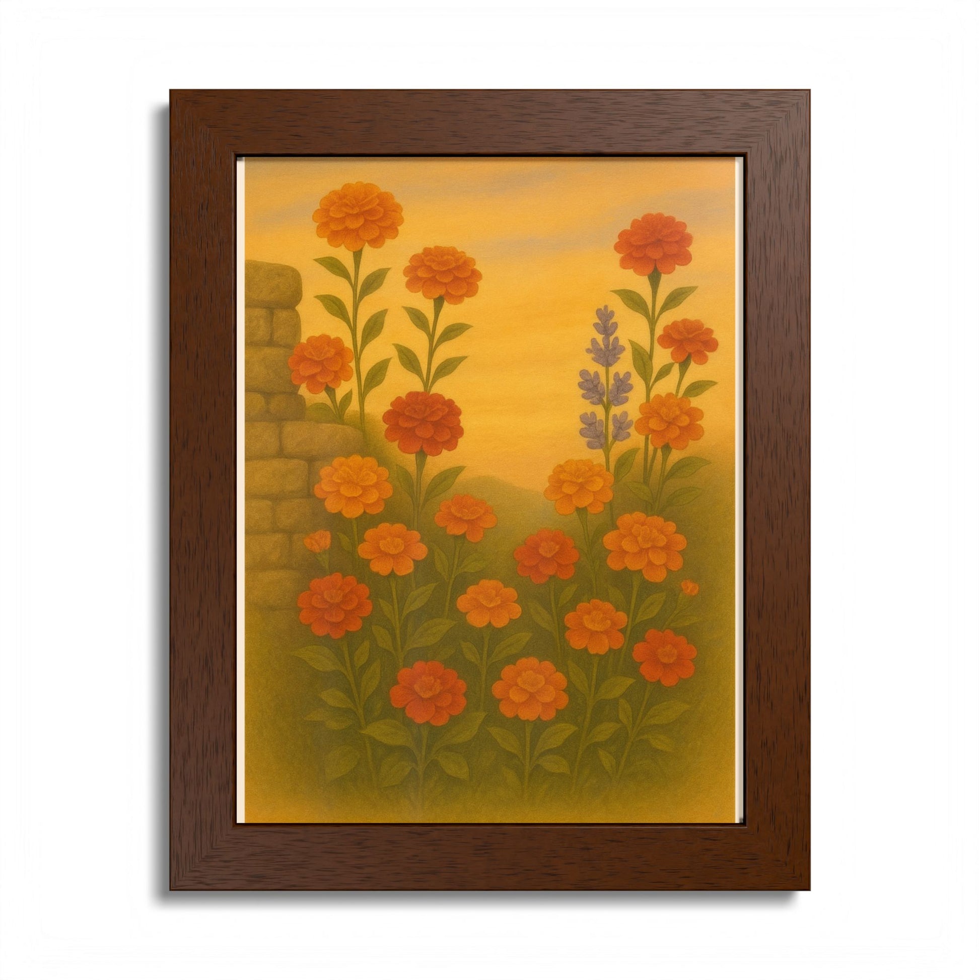 Golden Marigold Garden Framed Sunset Floral Wall Decor