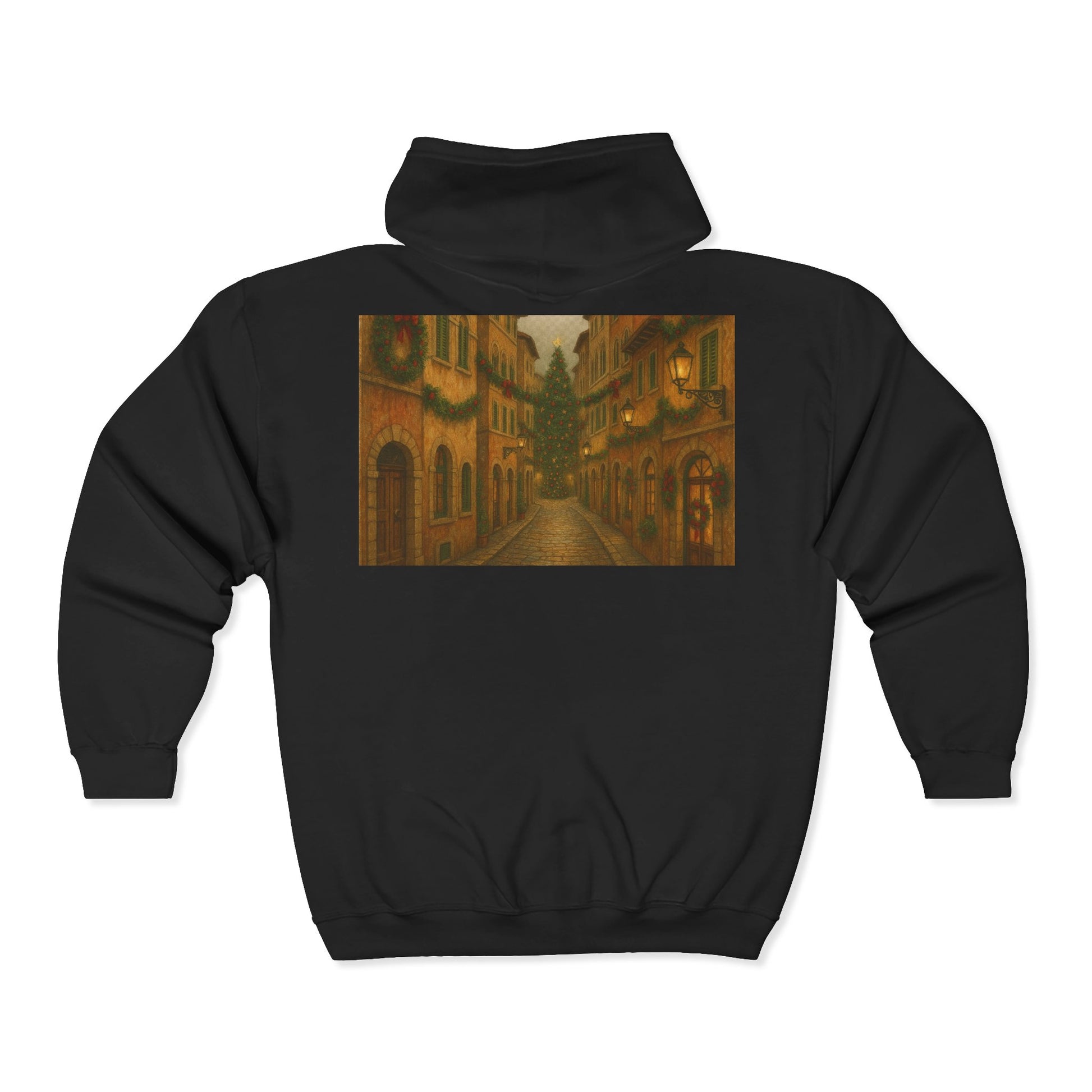 Black hoodie with a printed design on the back featuring a street scene.