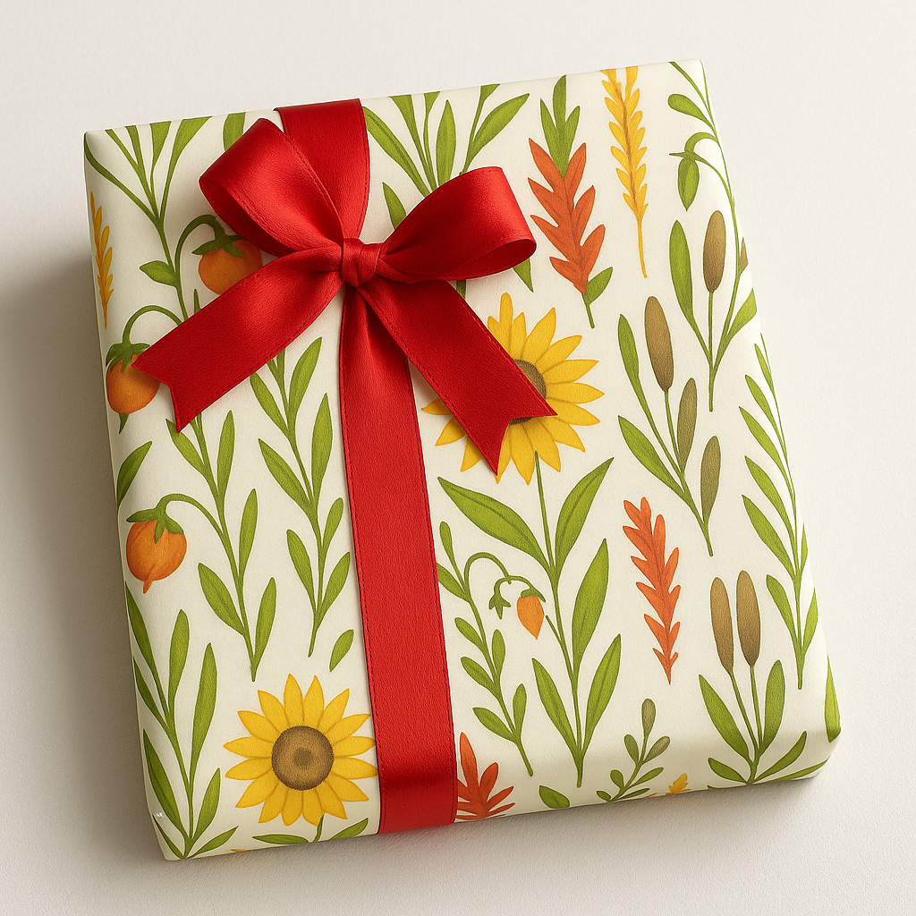 Sunflowers, Tomatoes & Autumn Harvest Botanical Wrapping Paper – Bright Seasonal Gift Wrap