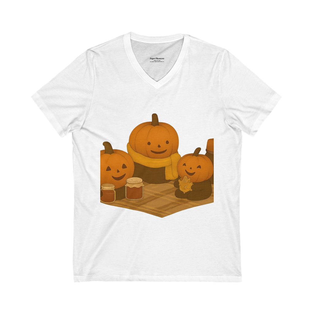 White t-shirt with cartoon pumpkins design on a white background