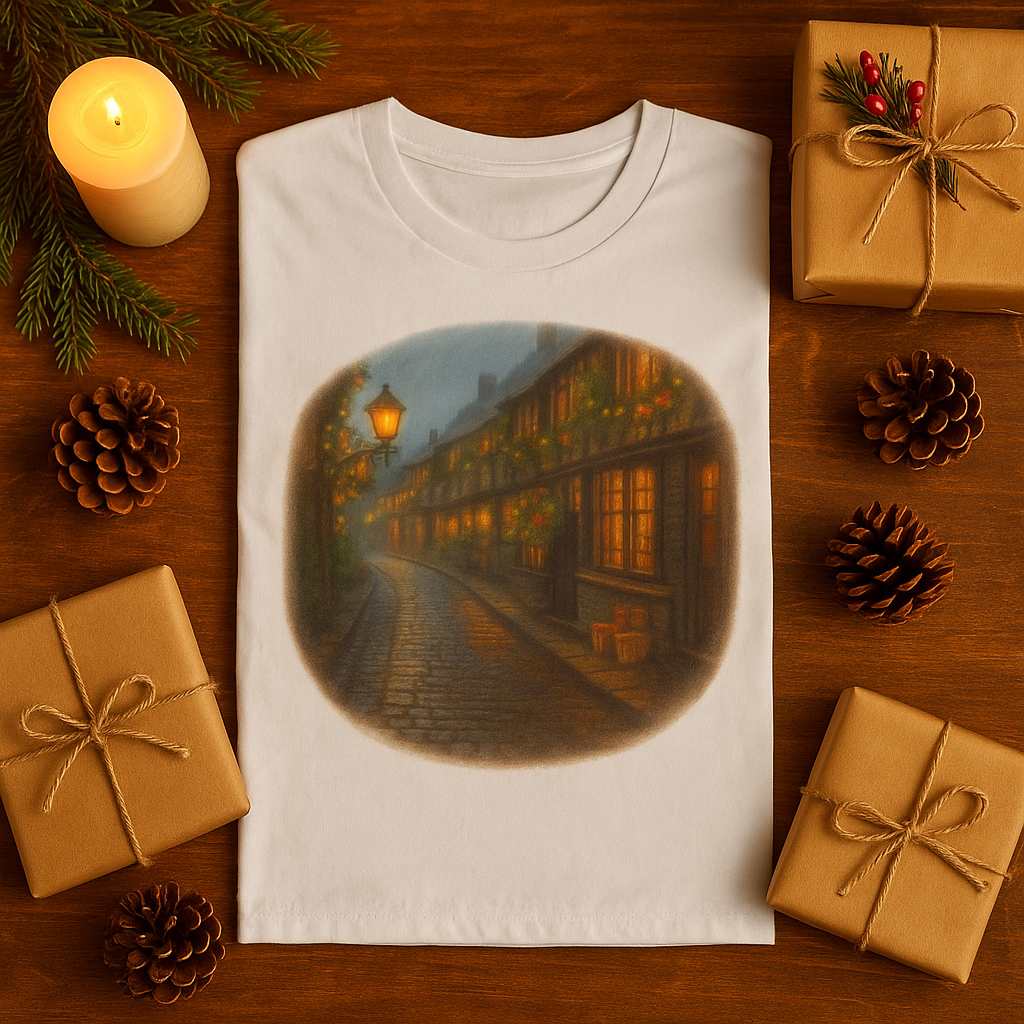 Yuletide Reverie Christmas Village Long Sleeve T-Shirt – Old World Holiday Street Scene, Vintage Christmas Apparel by Paper Pleasures