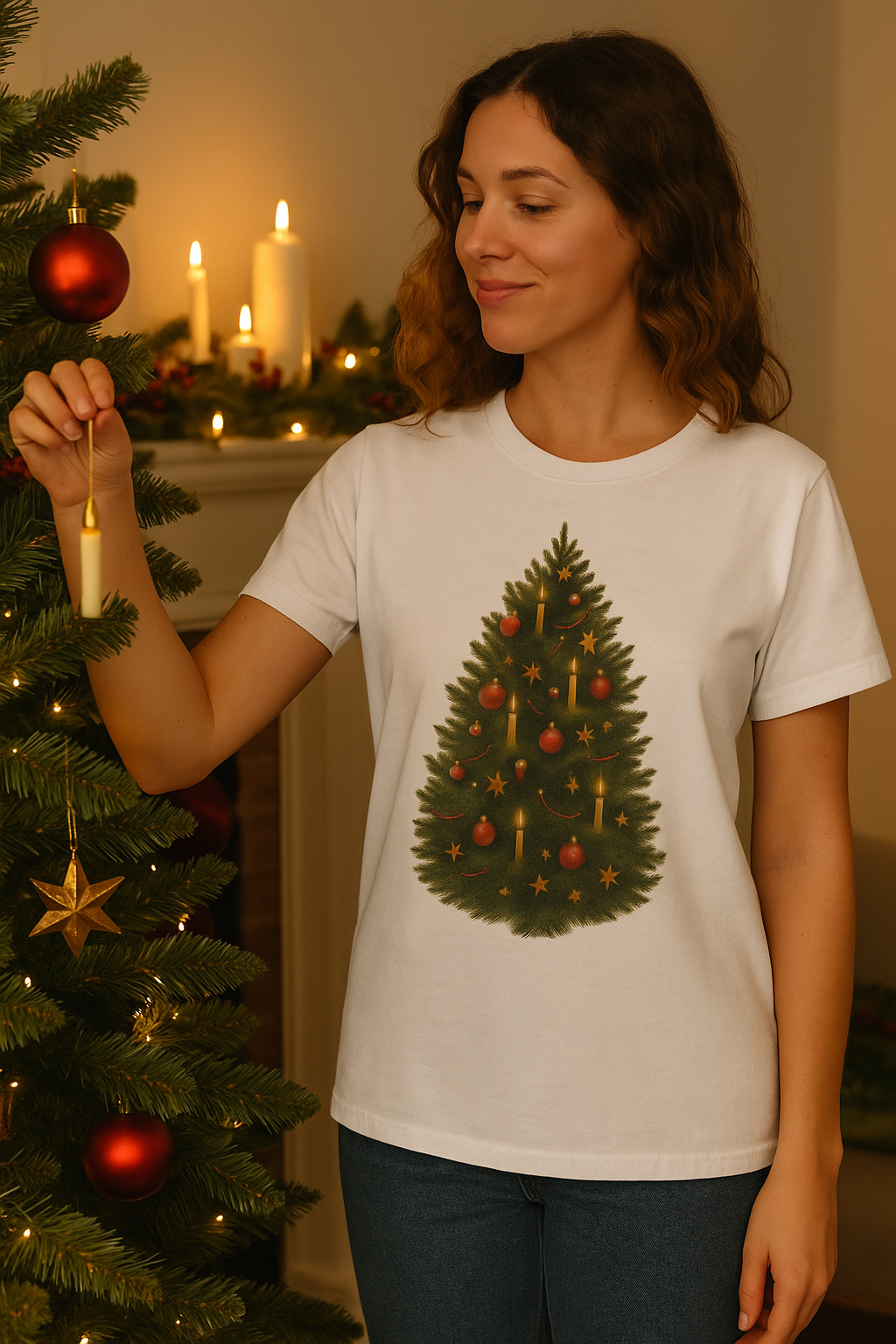 Vintage Christmas Tree T-Shirt – Classic Holiday Candlelit Tree Design, Yuletide Old World Christmas Apparel by Paper Pleasures