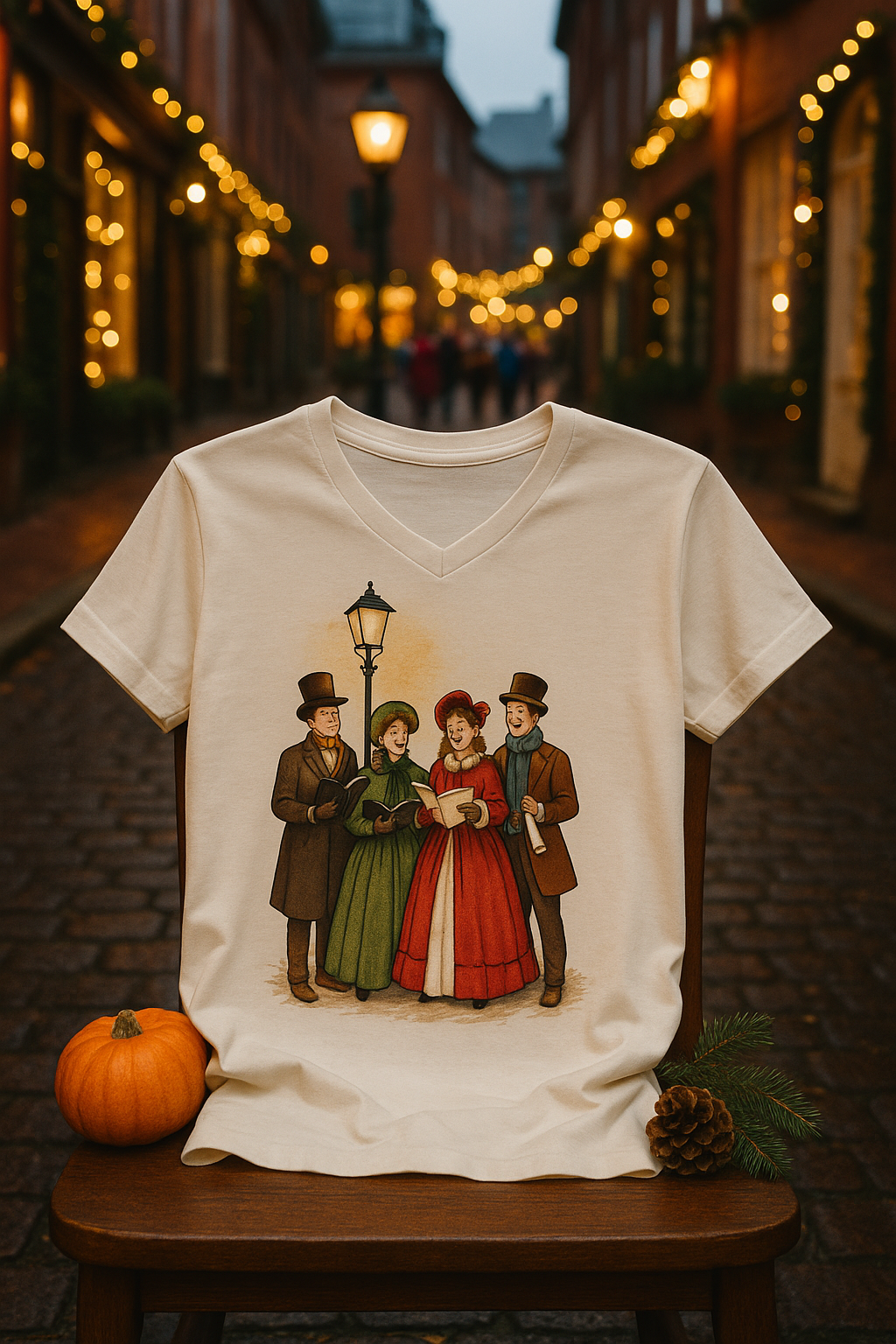White t-shirt with vintage-style graphic of four people on a wooden bench with a pumpkin and pine cone, street lights and buildings in the background.