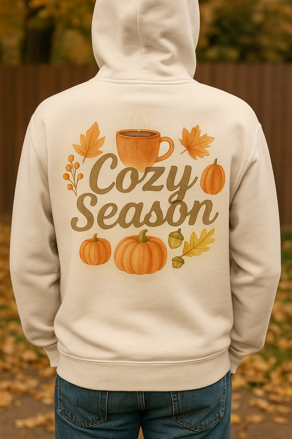 Cozy Season Hoodie – Autumn Pumpkins & Coffee Fall Graphic Sweatshirt