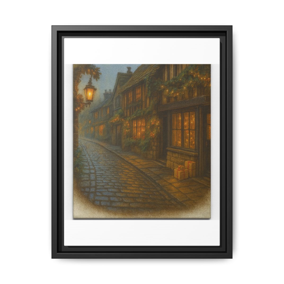 Yuletide Reverie Christmas Village Framed Canvas – Vintage Winter Street Scene, Old World Holiday Wall Art by Paper Pleasures